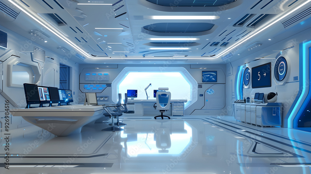 Futuristic minimalist 3d office with blue accents Futuristic minimalist 3d office with blue accents