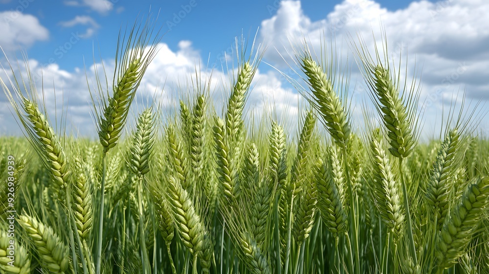 Lush green wheat field under a bright blue sky with fluffy clouds. Lush green wheat field under a bright blue sky with fluffy clouds.