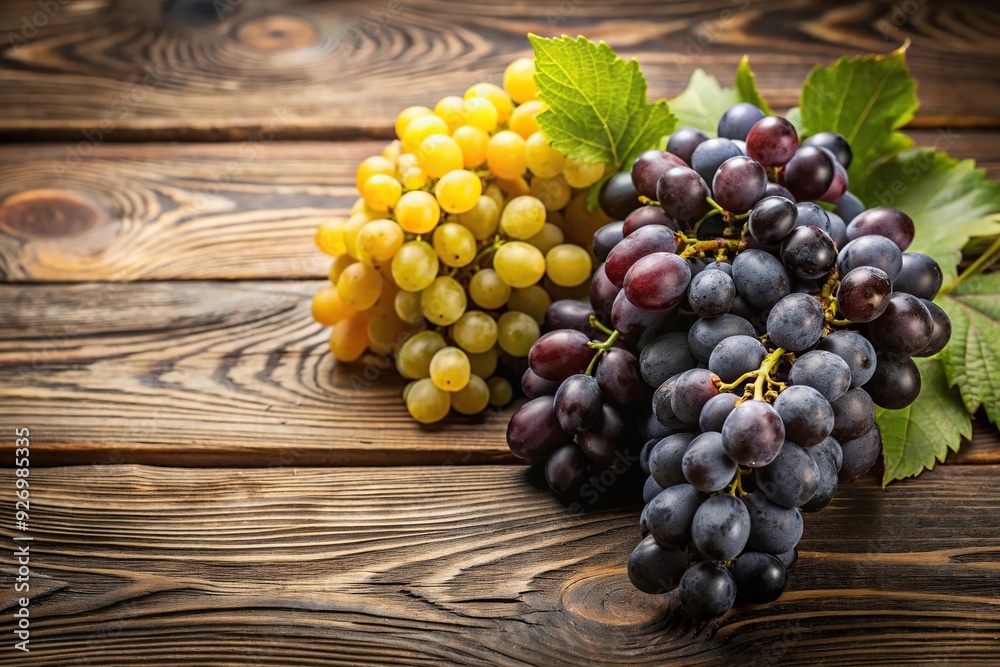 Black and yellow grapes placed on a wooden table, harvest, dessert, wooden, vineyard, fresh, yellow, black,grapes, rustic, fruit, natural, sweet, organic, agriculture, vine, snack, ripe Black and yellow grapes placed on a wooden table, harvest, dessert, wooden, vineyard, fresh, yellow, black,grapes, rustic, fruit, natural, sweet, organic, agriculture, vine, snack, ripe
