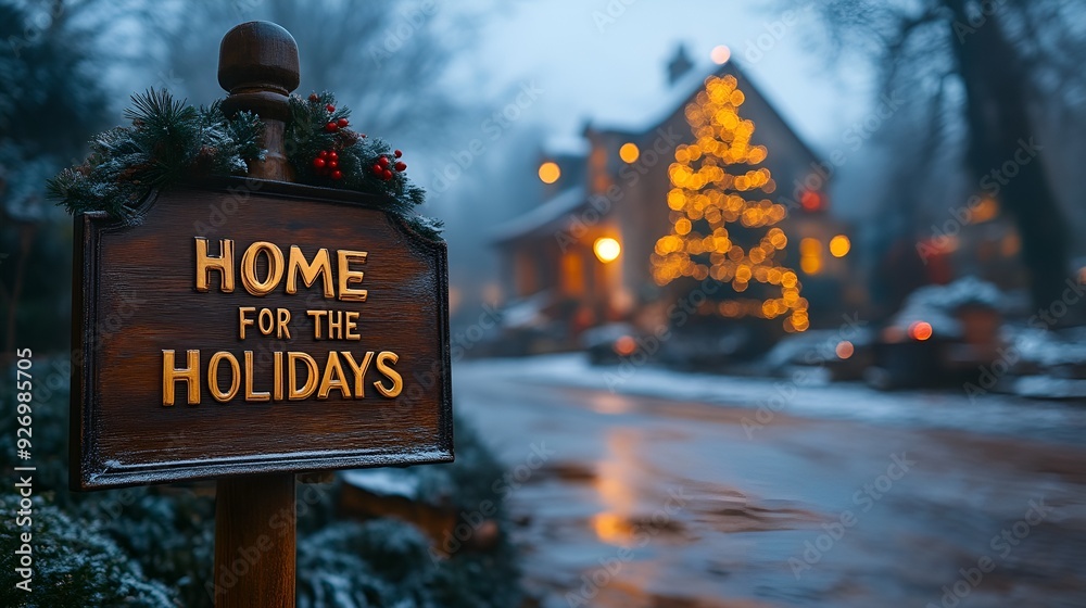 A sign that reads “HOME FOR THE HOLIDAYS” in front of a festive home decorated for the holidays - Christmas