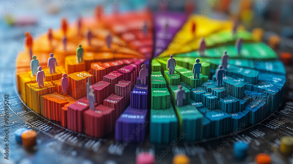 Demographic Data Visualization: A colorful pie chart with miniature figurines representing different demographics, showcasing the power of data visualization in understanding population trends.