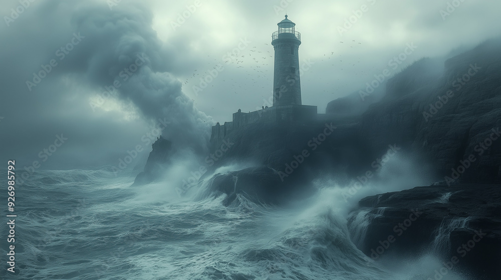 Lighthouse in a Storm: A solitary lighthouse stands defiant against a raging sea, its beam piercing through the tempestuous clouds. The dramatic composition evokes a sense of resilience and hope in th Lighthouse in a Storm: A solitary lighthouse stands defiant against a raging sea, its beam piercing through the tempestuous clouds. The dramatic composition evokes a sense of resilience and hope in th