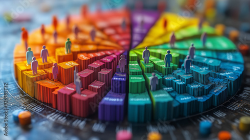 Obraz na płótnie Demographic Data Visualization: A colorful pie chart with miniature figurines representing different demographics, showcasing the power of data visualization in understanding population trends. w salonie
