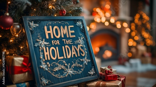 A sign that reads “HOME FOR THE HOLIDAYS” in a Christmas living room - festive home decorated for the holidays - Christmas 