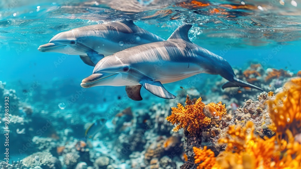 Harmony of Marine Life - Dolphin and Shark Swimming Together in Clear Blue Waters Harmony of Marine Life - Dolphin and Shark Swimming Together in Clear Blue Waters
