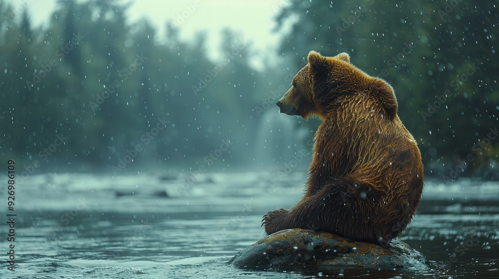 Naklejka premium Tranquil Encounter - Minimalist Composition of Bear and Salmon on Rock by Riverbank with Copy Space