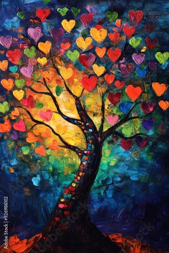 Colorful tree of life with heart leaves, oil painting, vibrant colors, large canvas