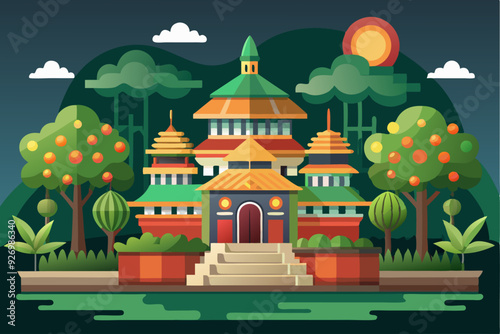 A Detailed Illustration of a Traditional Asian Temple Surrounded by Lush Greenery