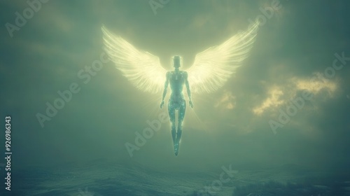 Ethereal glowing angel with wings in a celestial sky, exuding a divine presence, floating amidst misty clouds and mystical light.