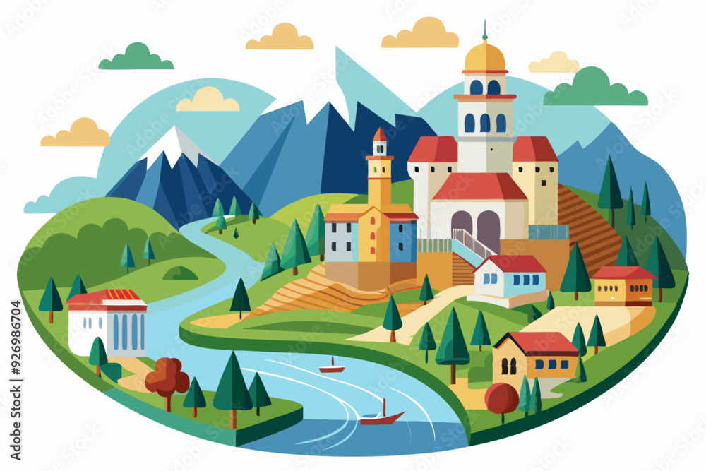 A Cartoon Village Nestled in a Mountainous Valley A Cartoon Village Nestled in a Mountainous Valley