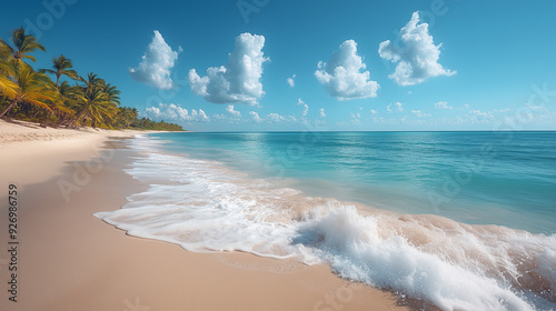 Tranquil Paradise:  A serene seascape unfolds, showcasing a pristine beach kissed by gentle waves and a cerulean sky adorned with fluffy clouds. Palm trees stand sentinel on the shore, creating a pict