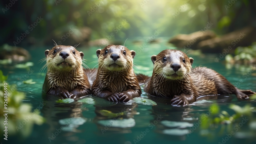 Playful otters holding hands while floating in a river, surrounded by lush greenery, serene atmosphere. Playful otters holding hands while floating in a river, surrounded by lush greenery, serene atmosphere.