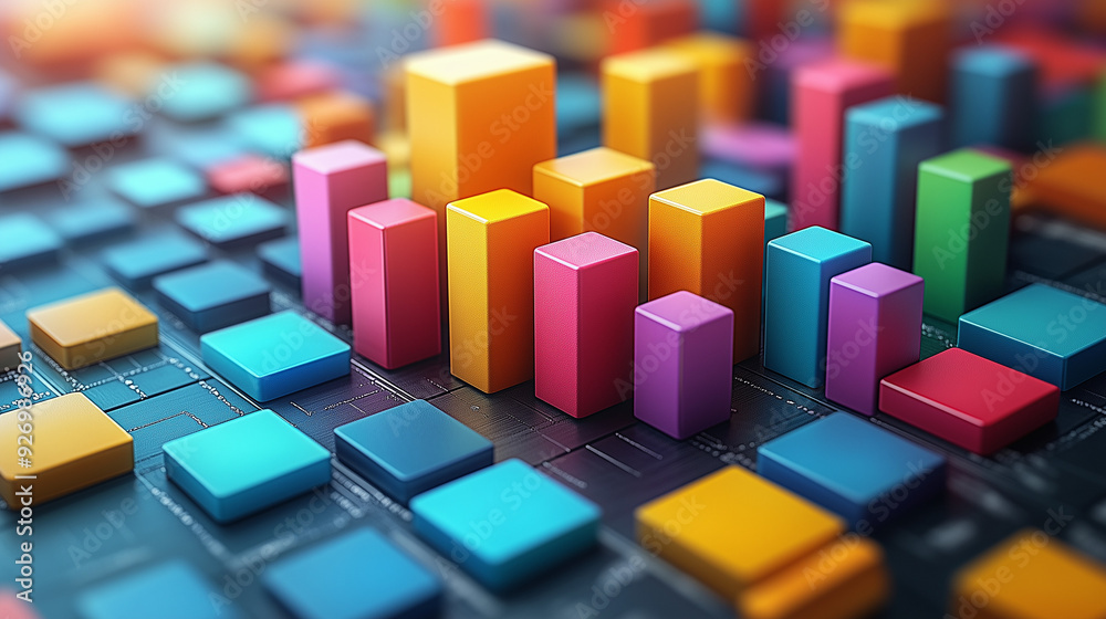Vibrant Growth: Colorful 3D Bar Graph Soaring Upwards on a Tech Background, Symbolizing Progress, Success, and Data Visualization. Vibrant Growth: Colorful 3D Bar Graph Soaring Upwards on a Tech Background, Symbolizing Progress, Success, and Data Visualization.