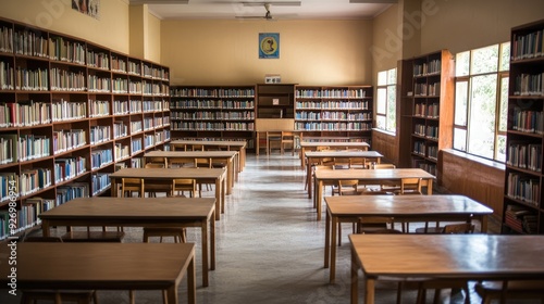 An empty Indian school library, with rows of wooden shelves filled with books, neatly arranged tables, and chairs, providing a peaceful space for learning.
