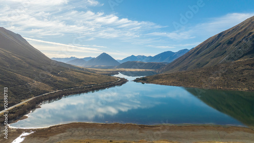 Drone  image of Lake Pearson a high-country lake in the Waimakariri Basin of New Zealand