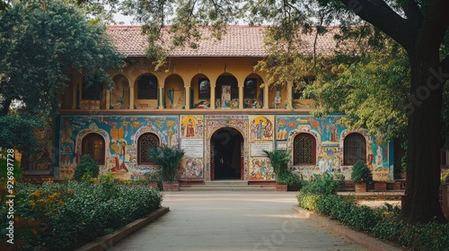 The entrance of an Indian school building, with traditional architecture, colorful murals, and well-maintained gardens, capturing the welcoming atmosphere.