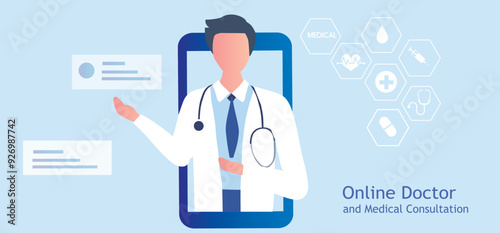 Online doctor and medical consultation concept. Woman using laptop online connect to doctor, doctor online vector illustratio