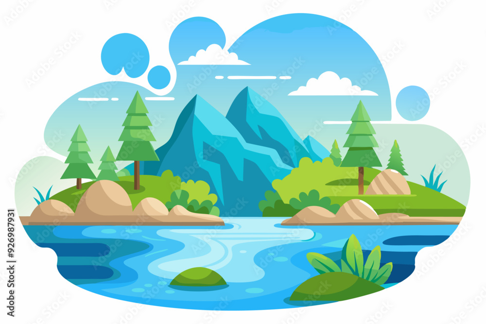 Obraz premium Mountain Landscape with River and Green Trees