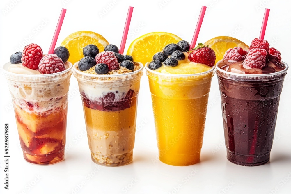 Juices and Floats in Plastic Cup on white background created with Generative AI Juices and Floats in Plastic Cup on white background created with Generative AI
