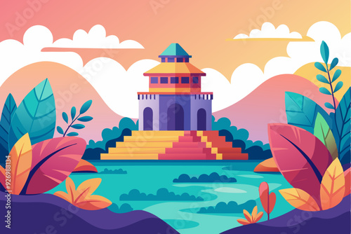 A Colorful Pagoda with Steps in a Lush, Dreamy Landscape