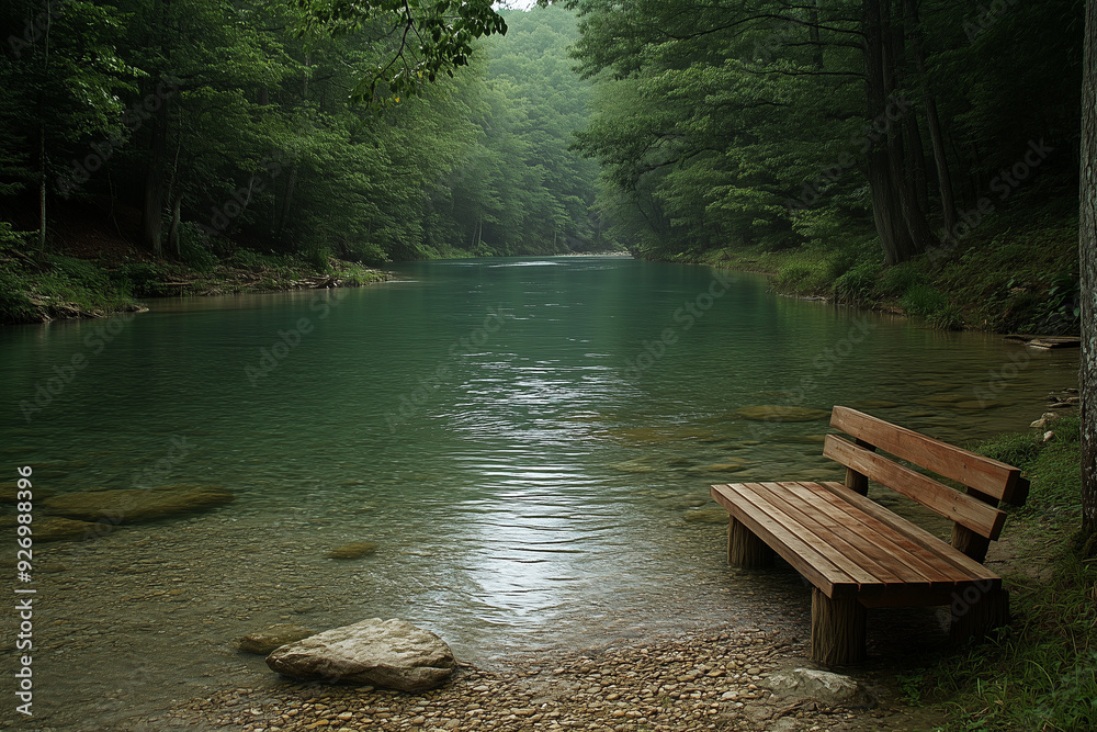 Fototapeta premium Tranquility by the River: A wooden bench sits invitingly on the shore of a tranquil river, surrounded by lush greenery and the gentle sound of water flowing. The serene scene evokes a sense of peace a