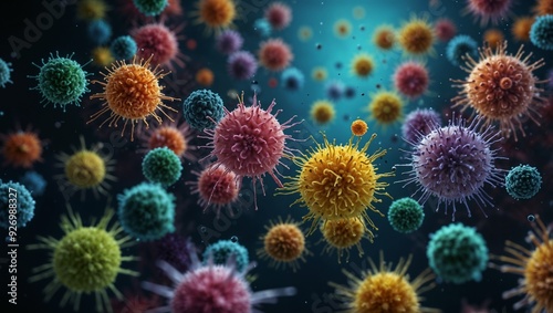 A large number of virus particles. They are red spheres with small protrusions around them and water droplets on the surface.