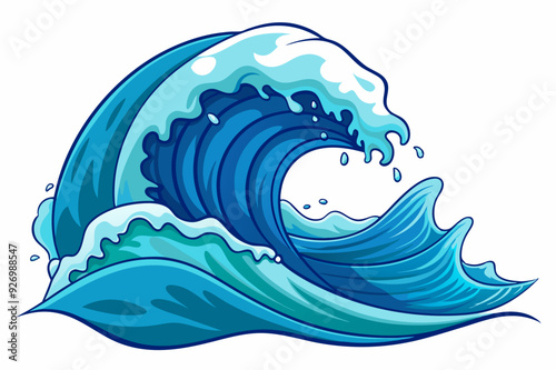 A Cartoon Illustration of a Large Blue Ocean Wave Crashing