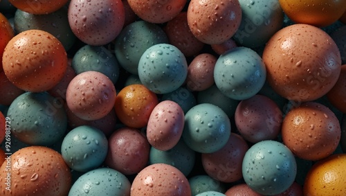 A large number of colorful virus particles. They are spherical in shape with small protrusions around them, which are probably proteins used to attach to living cells.