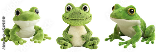 Three frog plush toys with different expressions isolated on transparent background