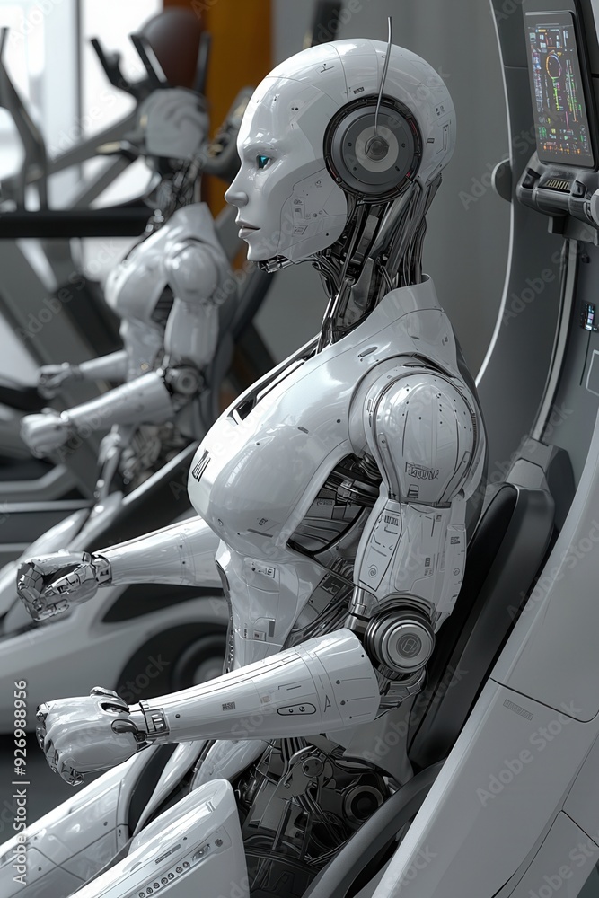 Fototapeta premium Futuristic robots working on machines, showcasing advanced AI technology and automation in a modern environment.