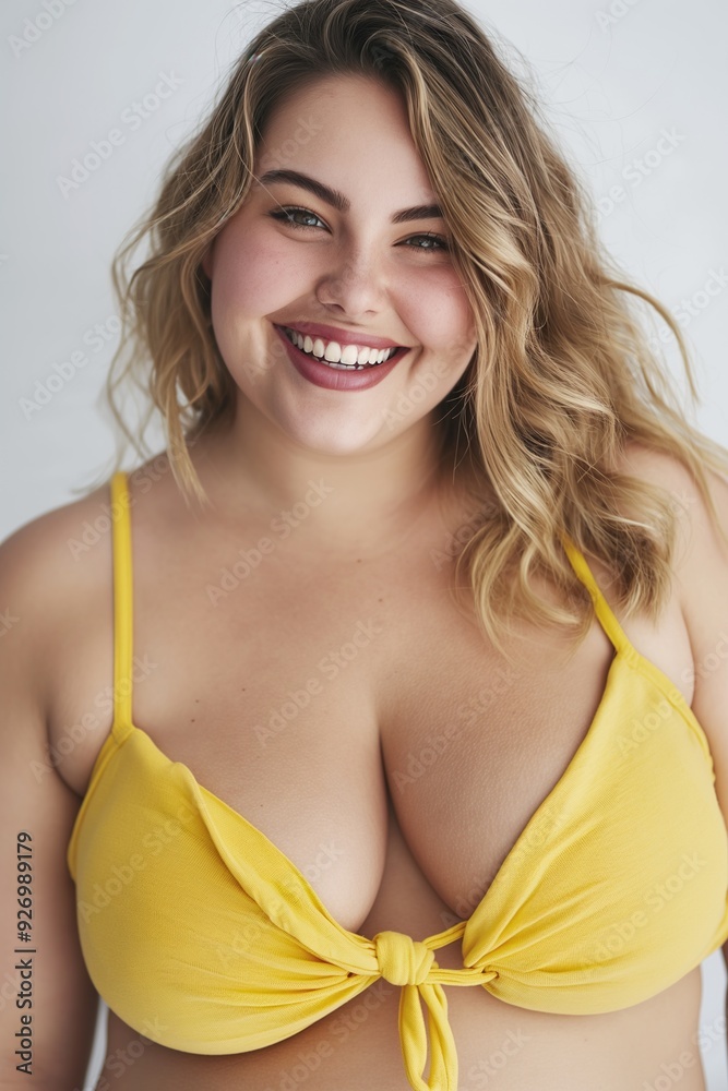 Portrait of a beautiful young woman with blonde hair and a bright smile, wearing a yellow bikini top. Portrait of a beautiful young woman with blonde hair and a bright smile, wearing a yellow bikini top.
