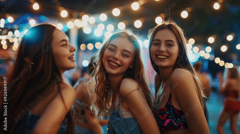 Young carefree women have fun at open air music concert at night and looking at camera. Young carefree women have fun at open air music concert at night and looking at camera.