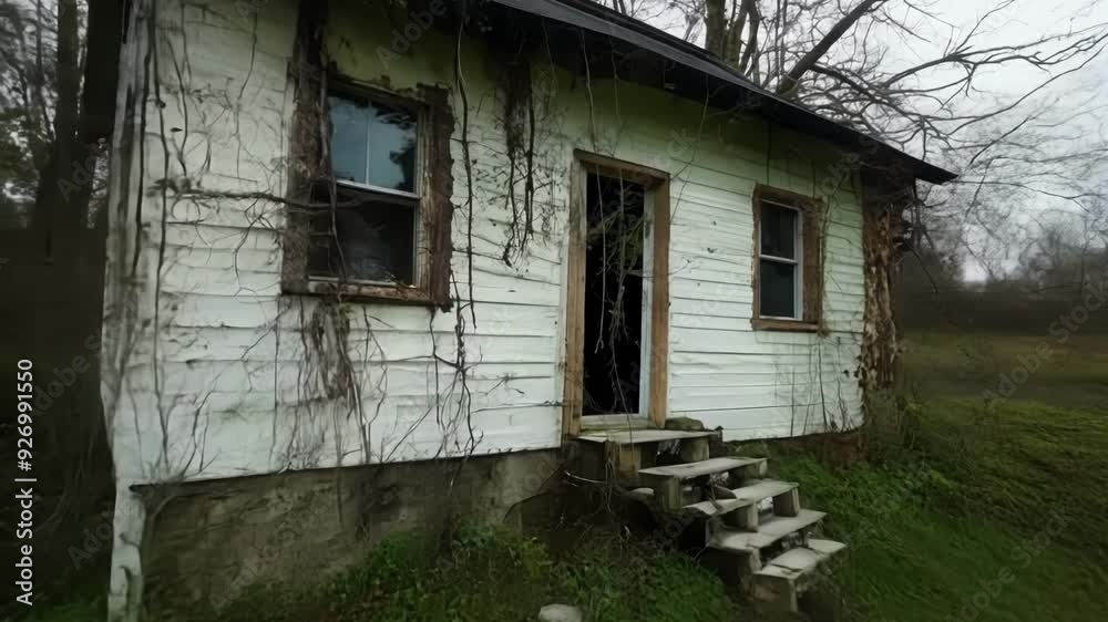 Old abandoned house is being taken back by nature as vines grow on its side and the yard becomes overgrown with grass Old abandoned house is being taken back by nature as vines grow on its side and the yard becomes overgrown with grass