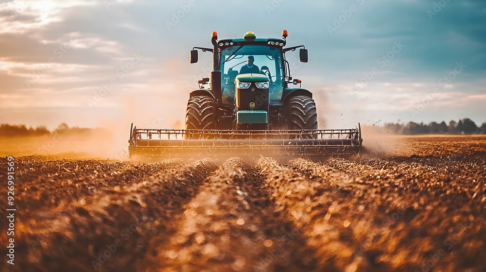Fototapeta premium Heavy tractor plowing a field at sunset, creating a dusty ambiance.