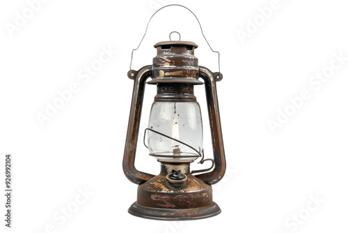 Vintage rustic kerosene lantern on white background, depicting an old-fashioned oil lamp with a worn, antique appearance.