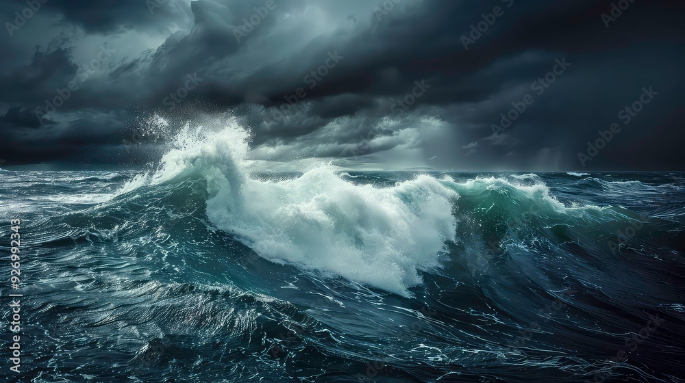 Fototapeta premium A large, crashing wave on the open sea. Dark, stormy clouds hover over the ocean.