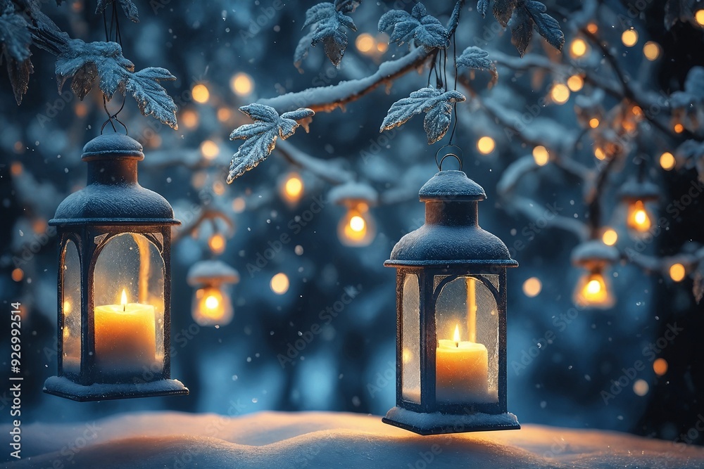 Winter Lanterns in Snowy Forest Winter Lanterns in Snowy Forest