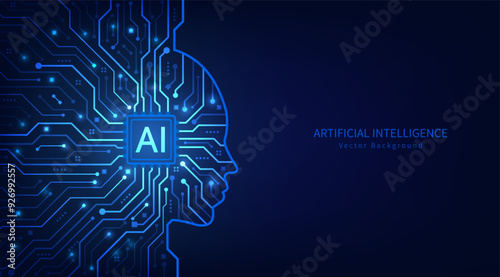 Electronic brain and Artificial intelligence technology concept. Human head outline with circuit board. Machine learning concept. Circuit board. Vector illustration for web, banner and template.