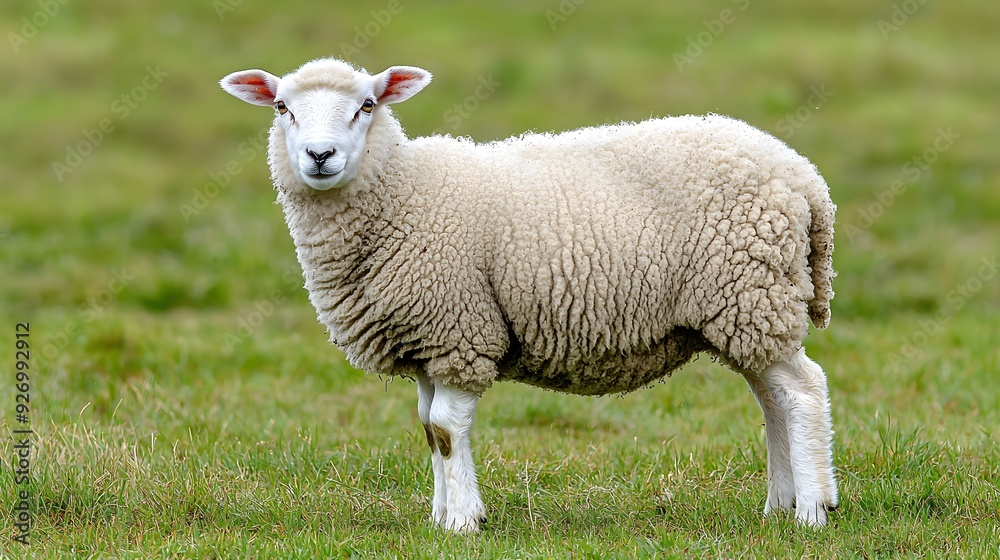 A fluffy white sheep stands gracefully in a lush green field. A fluffy white sheep stands gracefully in a lush green field.