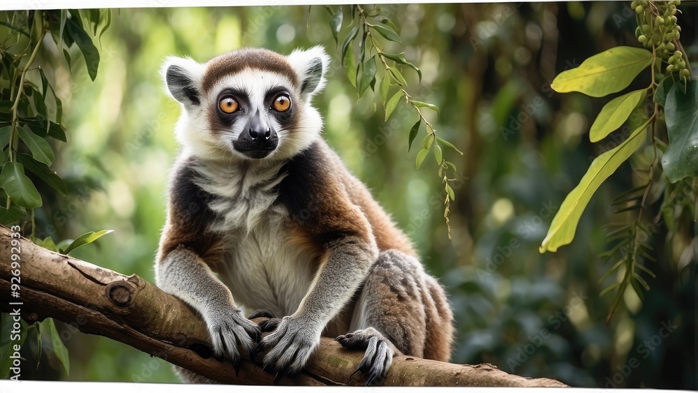 Curious lemur hanging from a branch, large eyes, tropical rainforest setting, vibrant greenery. Curious lemur hanging from a branch, large eyes, tropical rainforest setting, vibrant greenery.