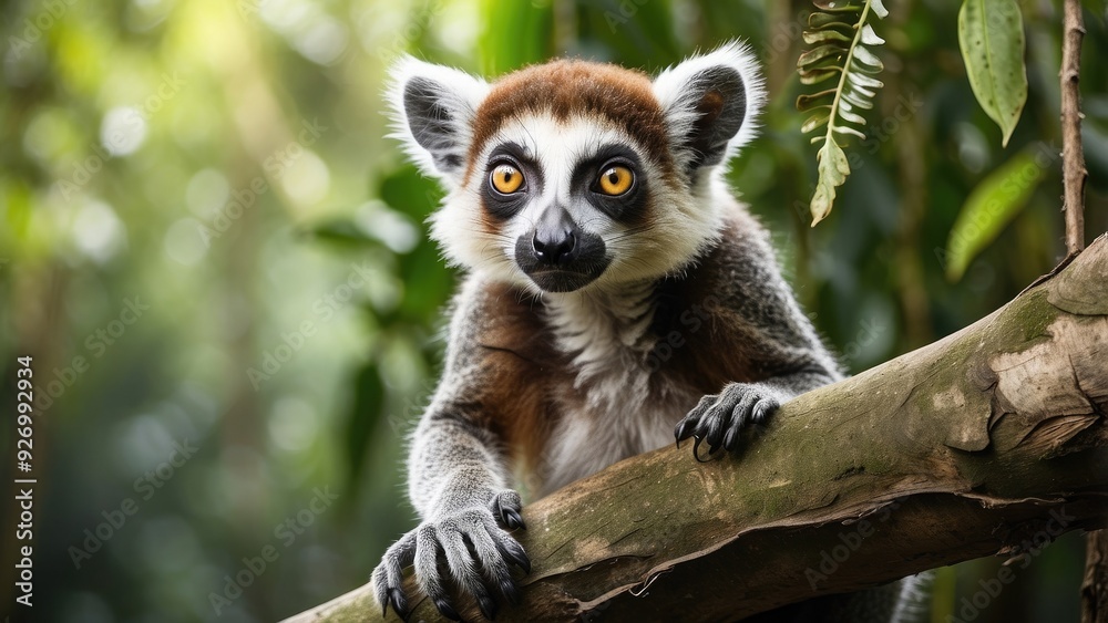 Curious lemur hanging from a branch, large eyes, tropical rainforest setting, vibrant greenery. Curious lemur hanging from a branch, large eyes, tropical rainforest setting, vibrant greenery.
