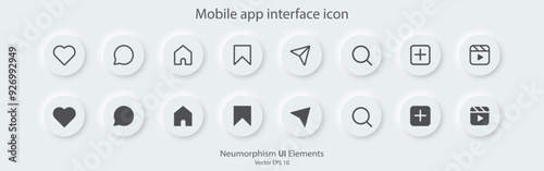 Social media icons set. Flat and line icon. A set of round buttons with symbols. 3D Neumorphism design style for apps, websites, and Interfaces. UI UX. Vector illustration.