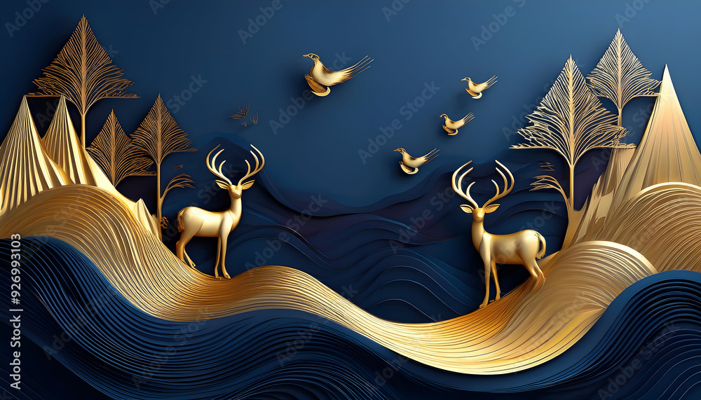 Fototapeta premium luxurious 3D wallpaper design with a dark blue background and golden waves, showcasing golden mountains, deer, and birds in an elegant, modern art style.