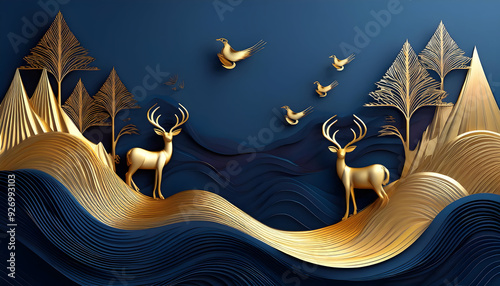 Fototapeta Naklejka Na Ścianę i Meble -   luxurious 3D wallpaper design with a dark blue background and golden waves, showcasing golden mountains, deer, and birds in an elegant, modern art style.