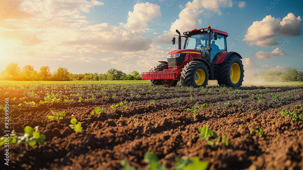 Agriculture field with crops and farming equipment Agriculture field with crops and farming equipment