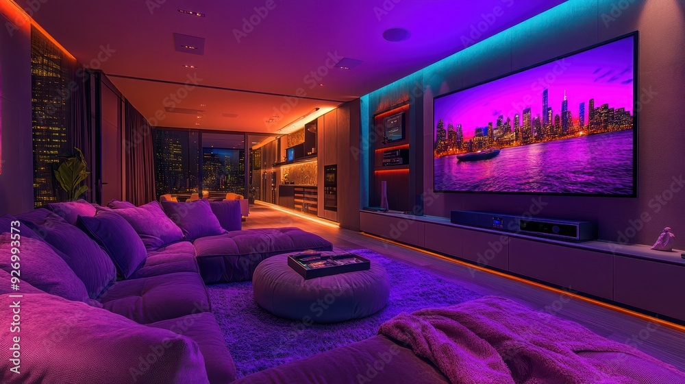 A vibrant smart home entertainment room with a large, interactive display A vibrant smart home entertainment room with a large, interactive display