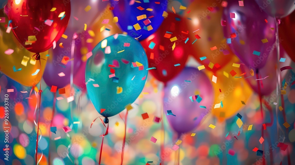 A colorful mix of balloons and confetti in a close-up shot, capturing the celebratory essence of a party. A colorful mix of balloons and confetti in a close-up shot, capturing the celebratory essence of a party.