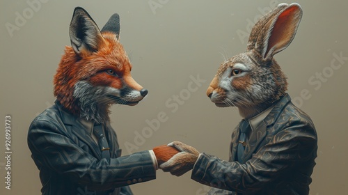 Unusual Business Partners: Human with Fox Head and Human with Rabbit Head in Sleek Suits Shaking Hands | Blank Space for Custom Text Design