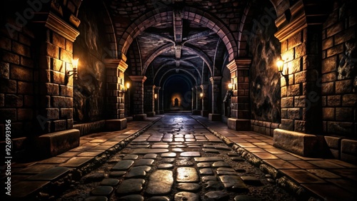 Dark Stone Corridor with Cobblestone Path and Lanterns