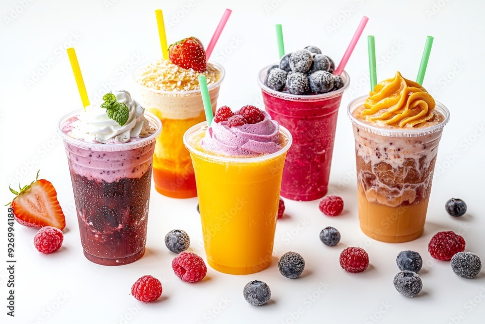 Juices and Floats in Plastic Cup on white background created with Generative AI Juices and Floats in Plastic Cup on white background created with Generative AI